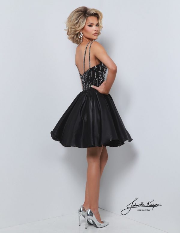 Back view of black beaded corset short homecoming dress with pockets, great for dances, pageant arrivals.